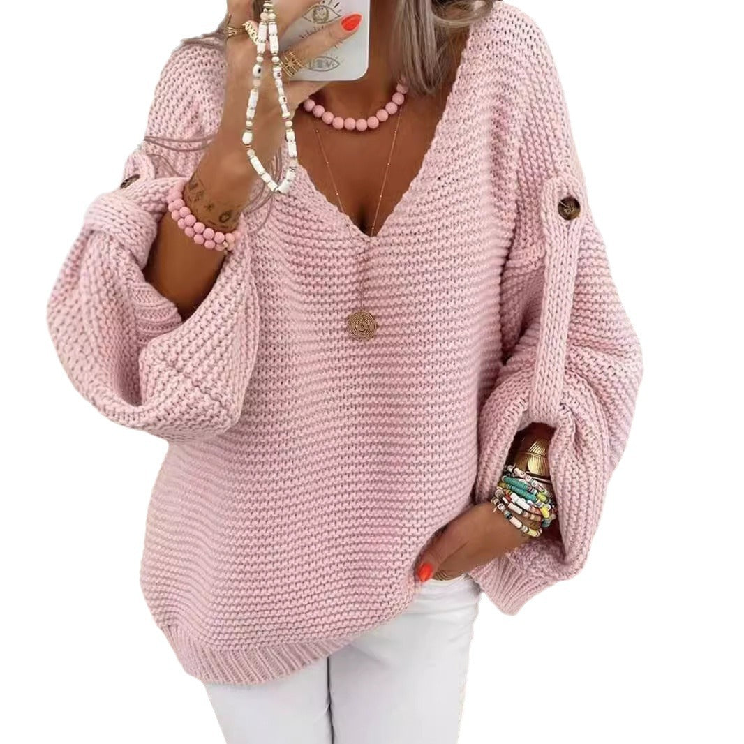 Damen weiter Strickpullover mit V-Ausschnitt, Ballonärmeln und Knopfdetail Shop Nory