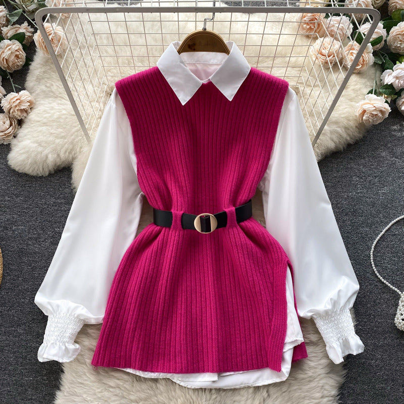 Damen Lagenlook-Bluse mit Rippstrick-Überwurf und Taillengürtel Shop Nory