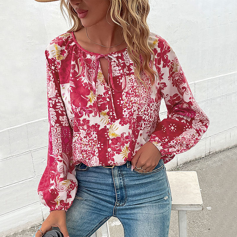 Damen Leichte Boho-Bluse mit Patchwork‑Print, Bindeschlitz und Ballonärmeln Shop Nory