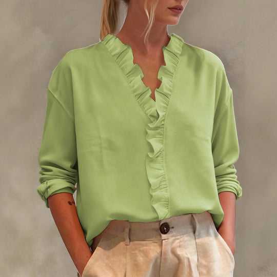 Damen Elegante V-Ausschnitt Bluse mit Volantbesatz und lockerem Oversize-Schnitt Shop Nory