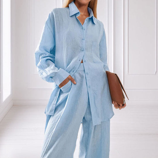 Damen lässiges Leinen-Hemd- und Hosen-Set