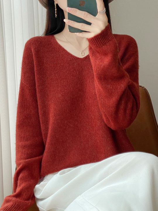 Damen Oversize-Feinstrickpullover mit feinem V-Ausschnitt und verlängertem Ärmelabschlusst Shop Nory
