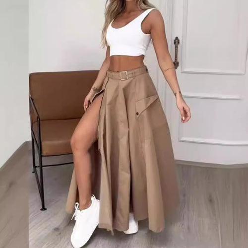 Damen Maxirock mit hohem Beinschlitz, Cargo-Taschen und Taillengürtel Shop Nory