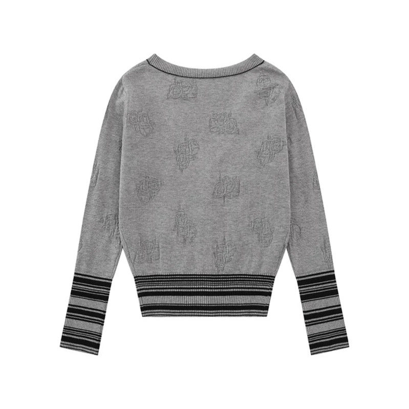 Damen Strickjacke mit V‑Ausschnitt, feinem Jacquardmuster und kontrastierenden Bündchen Shop Nory