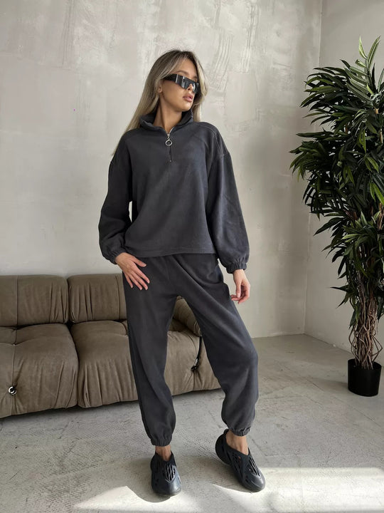 Damen lässiges Fleece-Jogginganzug Set mit Stehkragen und halbhohem Reißverschluss Shop Nory