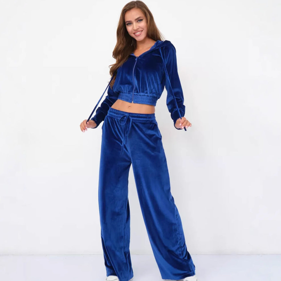 Damen luxuriöses Velours-Lounge-Set mit kurzem Reißverschluss-Hoodie und weitem Comfort-Hose Shop Nory