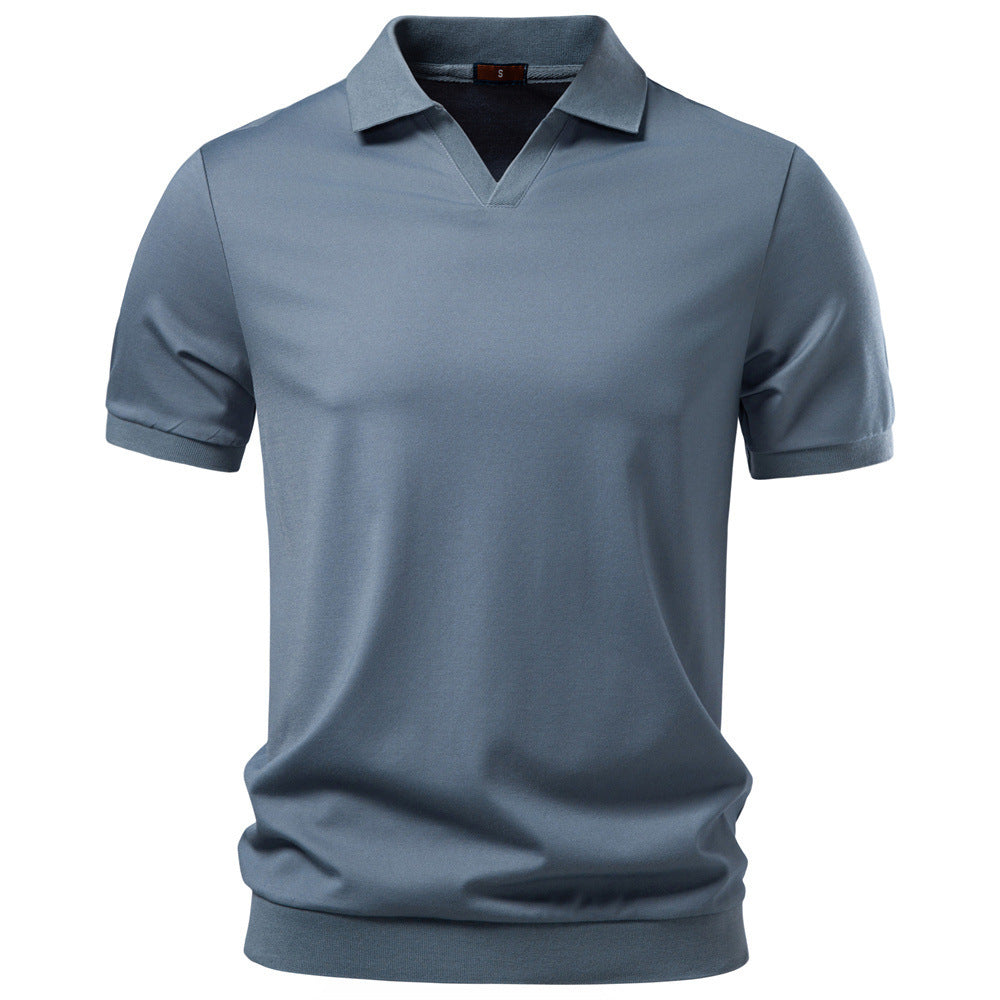 Herren nan feinstrickiges Kurzarm-Poloshirt mit offenem V-Kragen und elastischem Saum
