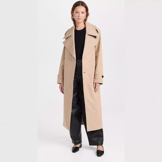 Damen Langer Trenchcoat aus Baumwollmix mit doppelreihiger Knopfleiste, Taillengürtel und Schulterklappen Shop Nory