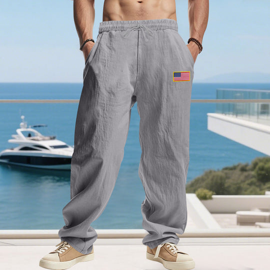 Herren Maritime Relaxed‑Fit Leinenoptik-Freizeithose mit Tunnelzug & Flaggen-Patch Shop Nory