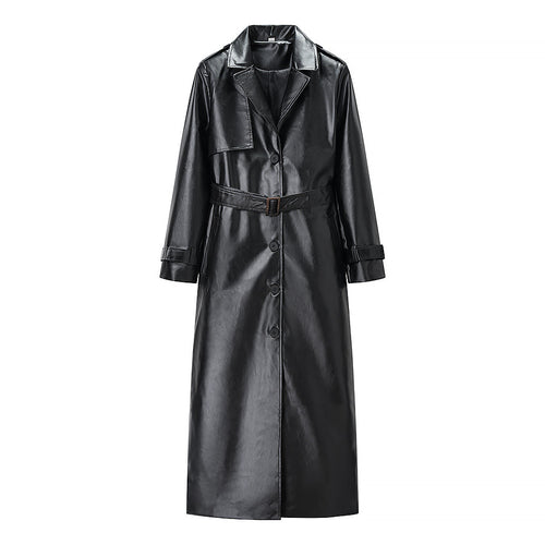 Damen Langer Kunstleder-Trenchcoat mit Taillengürtel und Epauletten Shop Nory