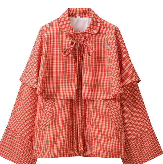 Damen Karierte Cape-Übergangsjacke mit Lagen‑Cape und Schleifenbindung Shop Nory