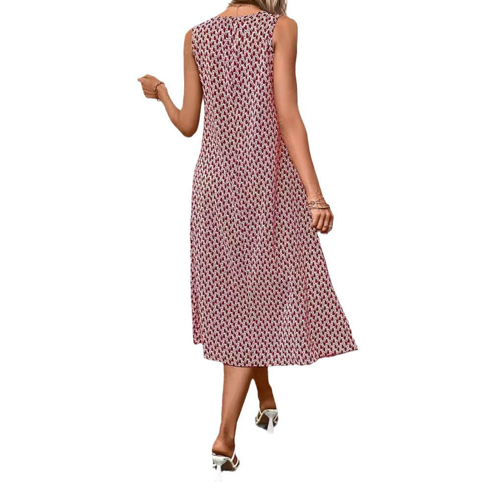 Damen nan ärmelloses A-Linien-Midikleid mit Rundhalsausschnitt, seitlichem Beinschlitz und feinem Geometrie-Print