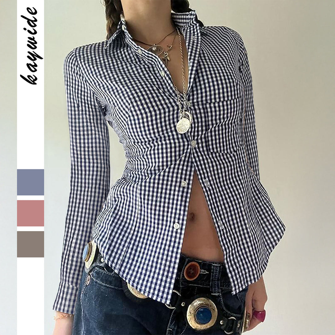 Damen nan taillierte Karobluse mit Hemdkragen, durchgehender Knopfleiste und geschwungenem Saum Shop Nory