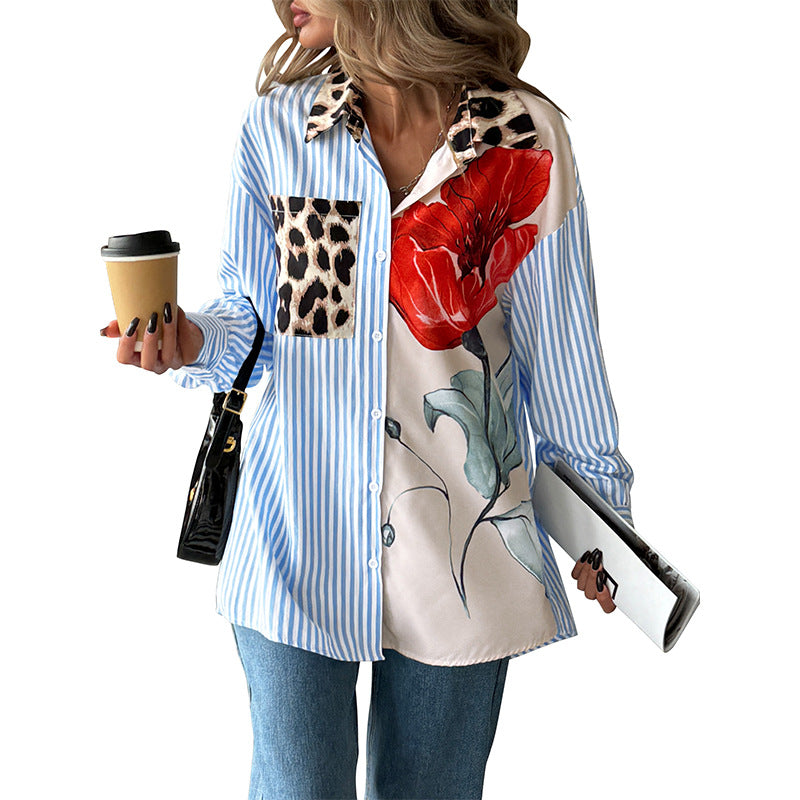 Damen Oversize-Hemdbluse mit gestreiftem Patchwork, Leopardenapplikation und Blumenprint Shop Nory