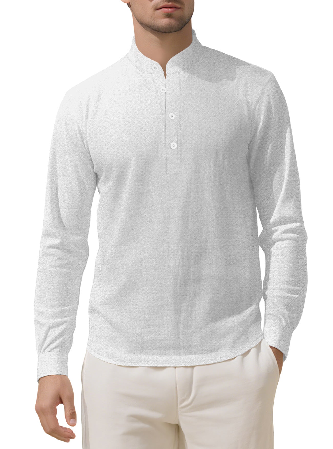 Herren nan Nehru-Kragen-Henley aus Baumwollstretch mit verdeckter Knopfleiste und schmaler Passform