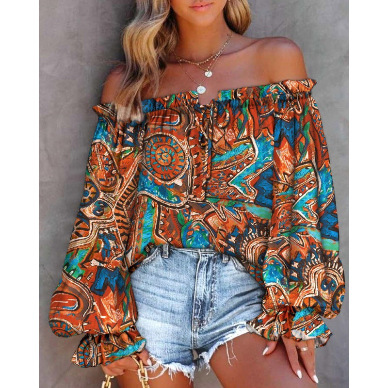 Damen Off-Shoulder Bluse mit Buntem Muster und Elastischem Saum Shopnory