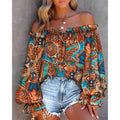 Damen Off-Shoulder Bluse mit Buntem Muster und Elastischem Saum Shopnory