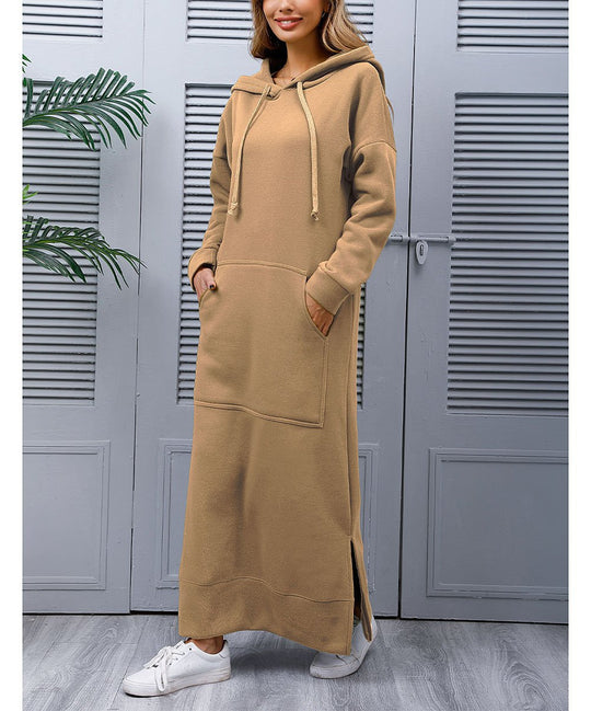 Damen nan langes Kapuzen-Sweatkleid mit Kängurutasche, Seitenschlitzen und lockerer Oversize-Passform Shop Nory