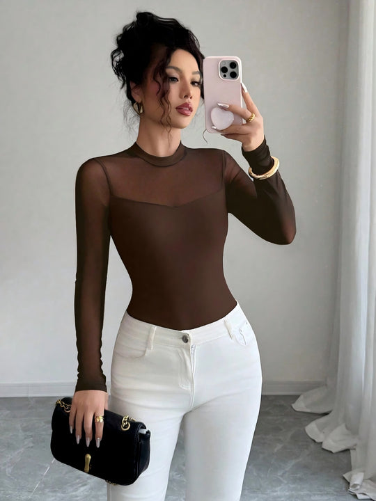 Damen Enganliegendes Mesh-Longsleeve mit Herzausschnitt-Einsatz und Stehkragen Shop Nory
