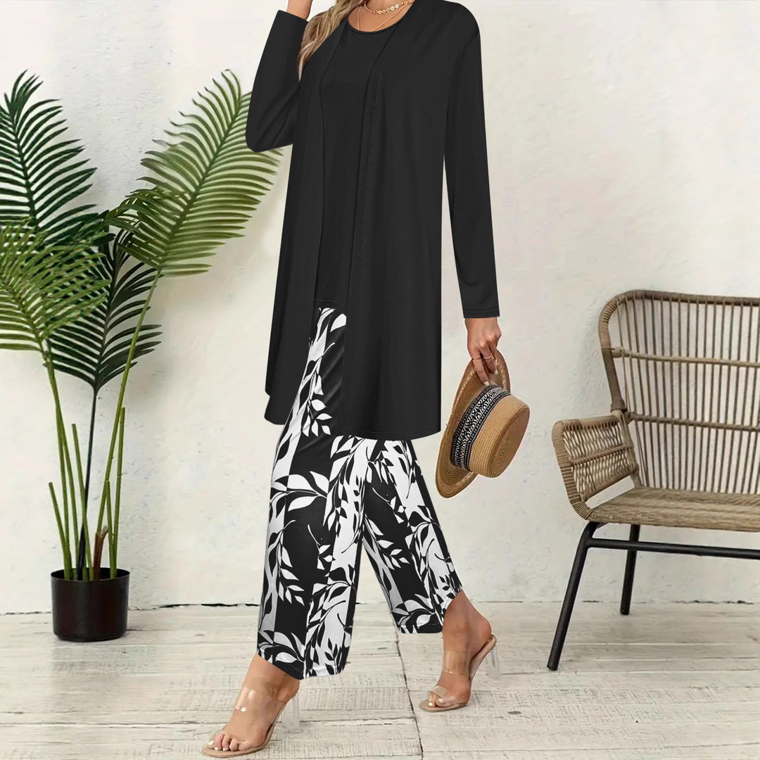 Damen Zweiteiler Offener Longcardigan mit Langarm und Palazzo‑Hose mit Blattprint Shop Nory