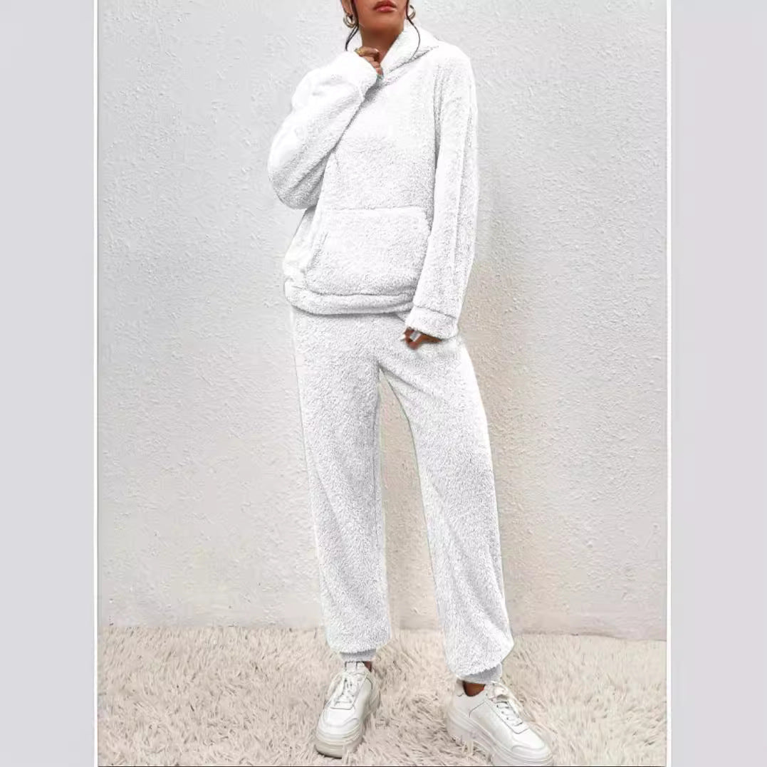 Damen nan kuscheliges Teddy-Fleece Hausanzug-Set mit Kapuze, Kängurutasche und elastischer Jogginghose Shop Nory