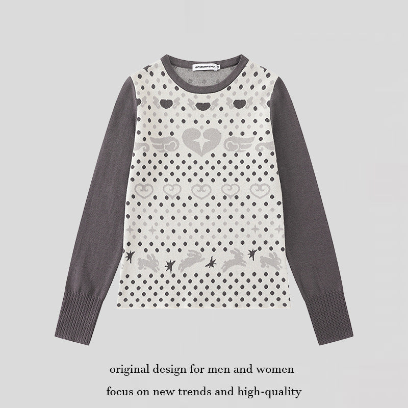 Damen Feinstrick-Pullover mit Jacquard-Motiv, Rundhalsausschnitt und Kontrastärmeln Shop Nory