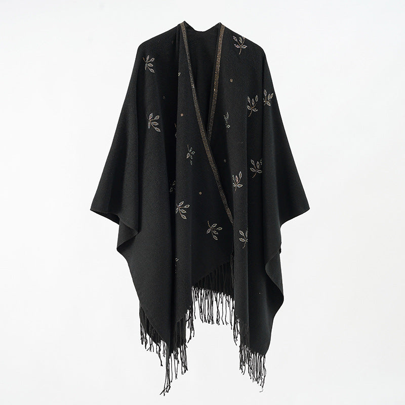 Damen bestickter Fransenponcho im Cape‑Stil aus Wollmix Shop Nory