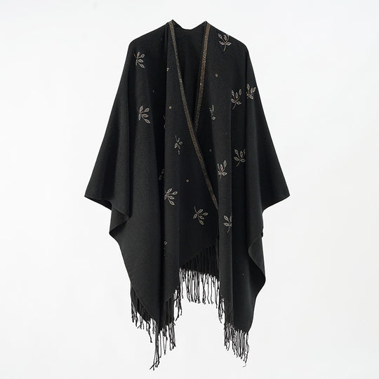 Damen bestickter Fransenponcho im Cape‑Stil aus Wollmix Shop Nory