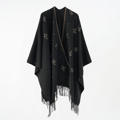 Damen bestickter Fransenponcho im Cape‑Stil aus Wollmix Shop Nory