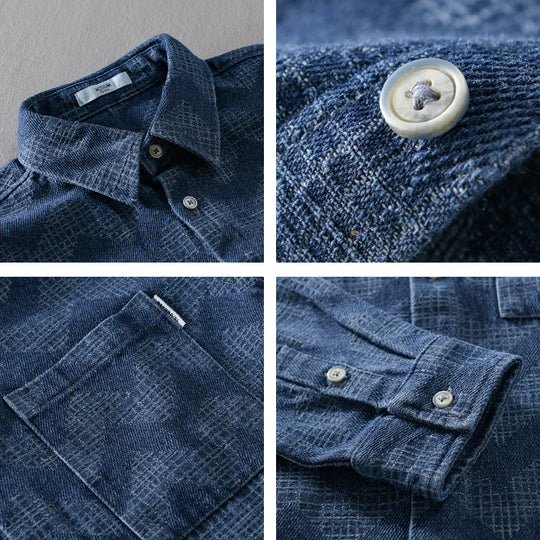 Herren Indigo-Struktur-Overshirt aus gewaschenem Denim mit Zickzack-Jacquard, Kentkragen und Brusttasche Shop Nory