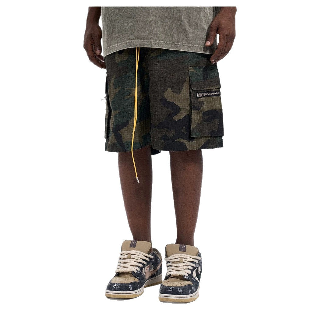 Herren nan Cargo-Shorts im Camouflage-Ripstop mit Elastikbund, Tunnelzug und Reißverschlusstaschen