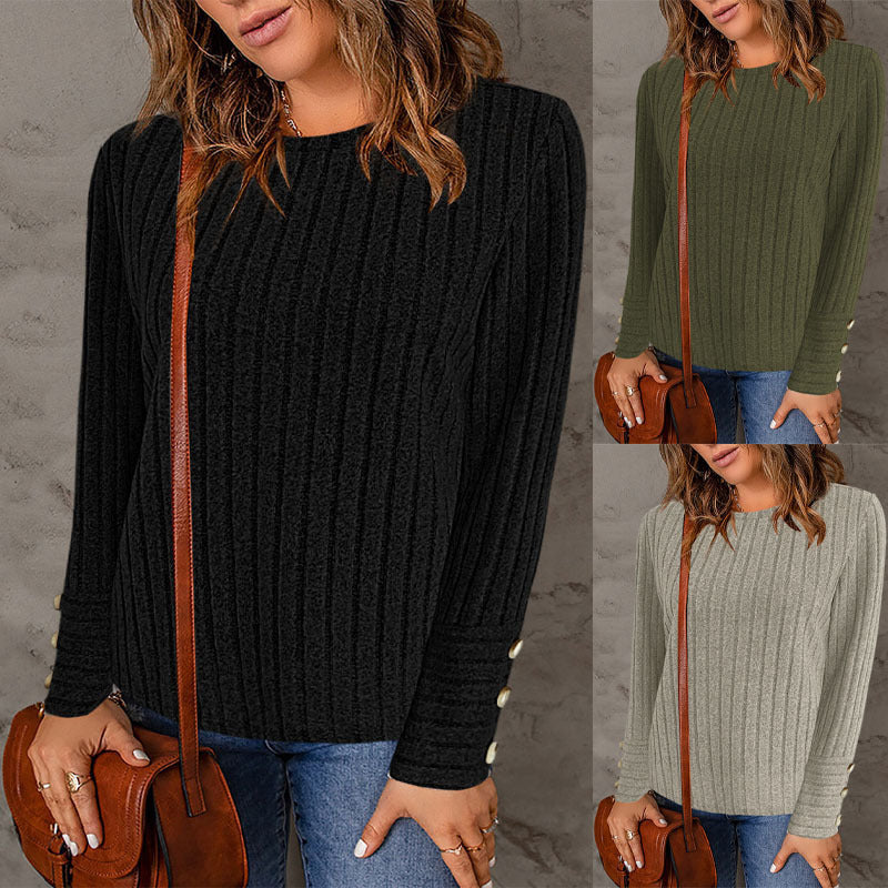 Damen Gerippter Feinstrick-Pullover mit Rundhals und Perlmuttknopf‑Manschetten Shop Nory