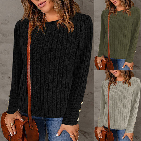 Damen Gerippter Feinstrick-Pullover mit Rundhals und Perlmuttknopf‑Manschetten Shop Nory
