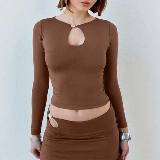 Damen Zweiteiliges figurbetontes Stretch-Set mit Langarm-Crop-Top und Hüft-Cut-out Rock Shop Nory