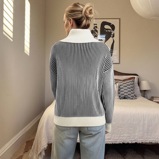 Damen Gestreifter Strickpullover mit übergroßem Kontrastkragen Shop Nory