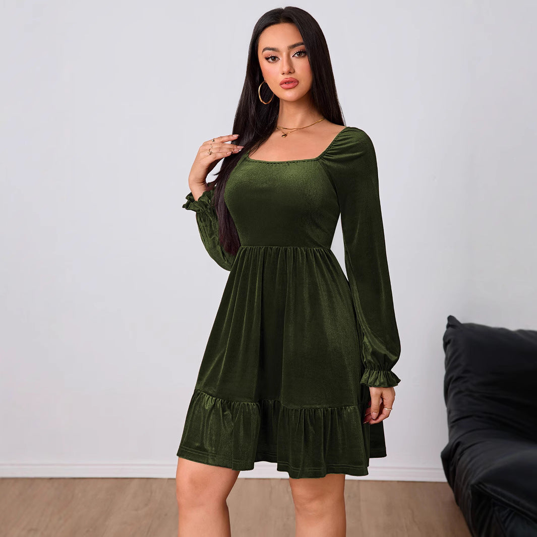 Damen Samtkleid mit quadratischem Ausschnitt, gerafften Puffärmeln und stufigem Tellerrock Shop Nory