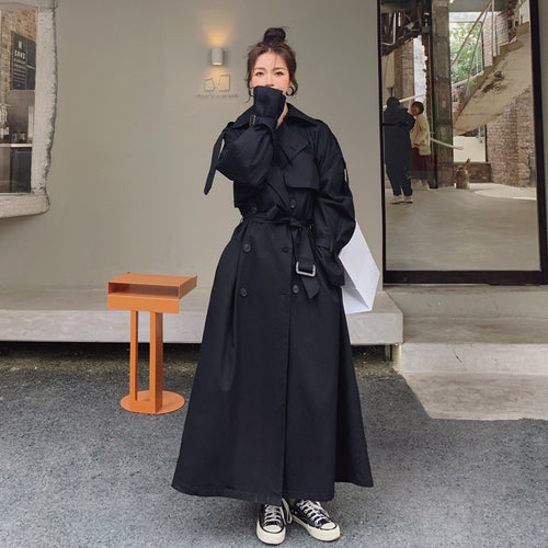 Damen Langer doppeltreihiger Trenchcoat mit Taillengürtel, Sturmklappe und weitem Oversize‑Schnitt Shop Nory