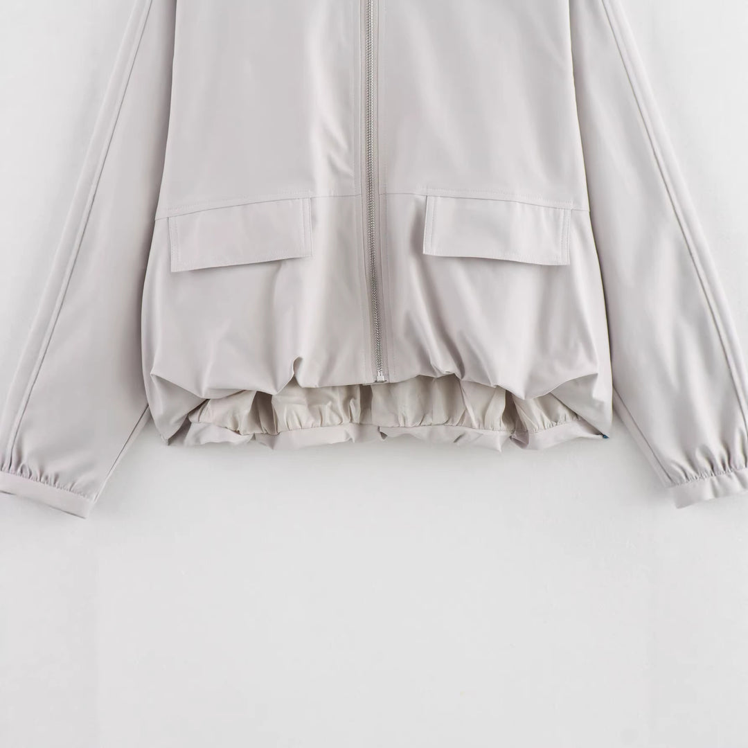 Damen Leichte Cropped-Workerjacke ohne Kragen mit Frontreißverschluss und Pattentaschen Shop Nory