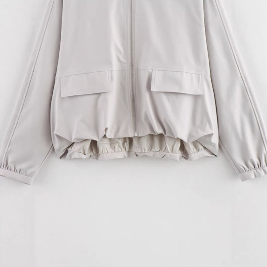 Damen Leichte Cropped-Workerjacke ohne Kragen mit Frontreißverschluss und Pattentaschen Shop Nory