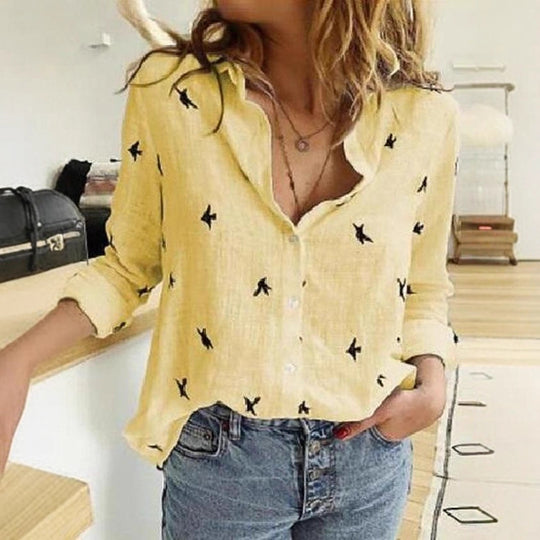 Damen Atmungsaktive Baumwoll‑Leinen Tunika‑Bluse mit Kentkragen, geknöpftem V‑Ausschnitt und gerundetem Saum Shop Nory
