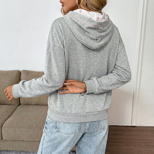 Damen Lässiger Kapuzenpullover mit Spitzeneinsätzen und Kängurutasche Shop Nory