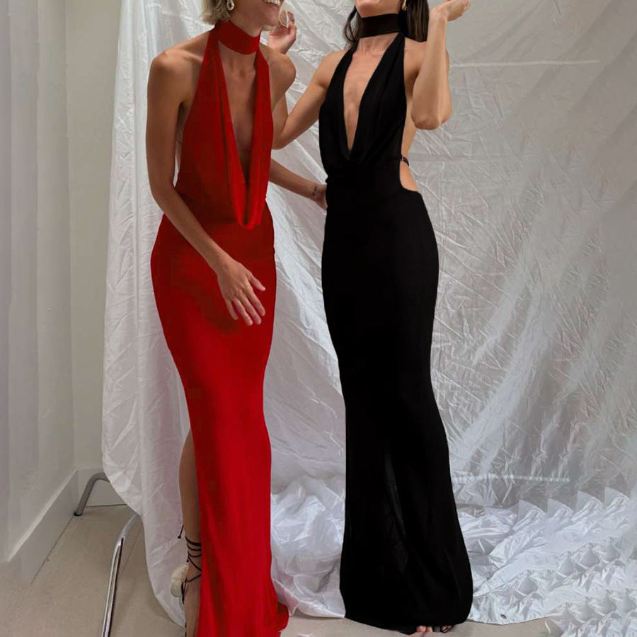 Damen Elegantes Maxikleid mit tiefem V-Ausschnitt und seitlichen Cut-Outs