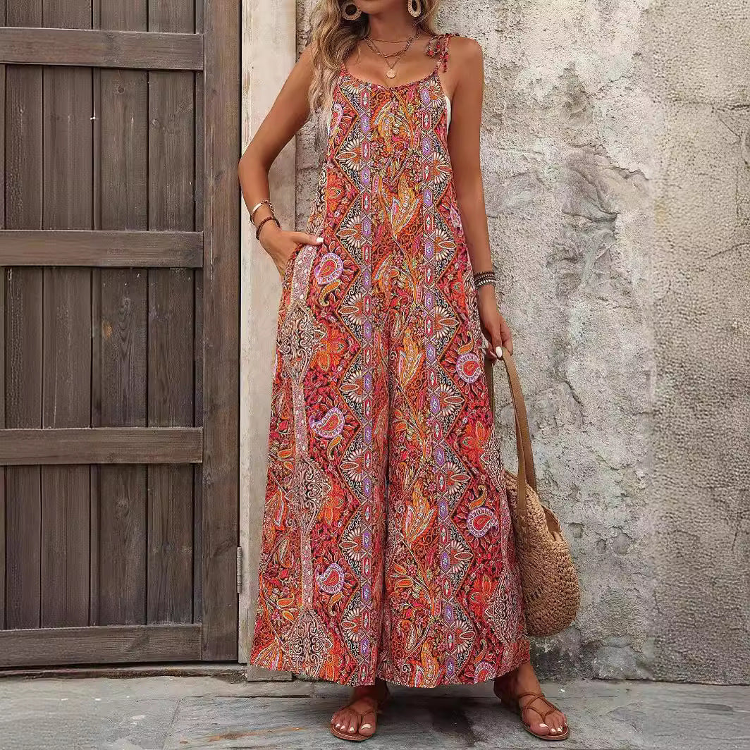 Damen Weiter Palazzo-Overall mit verstellbaren Trägern, Seitentaschen und Boho-Print Shop Nory