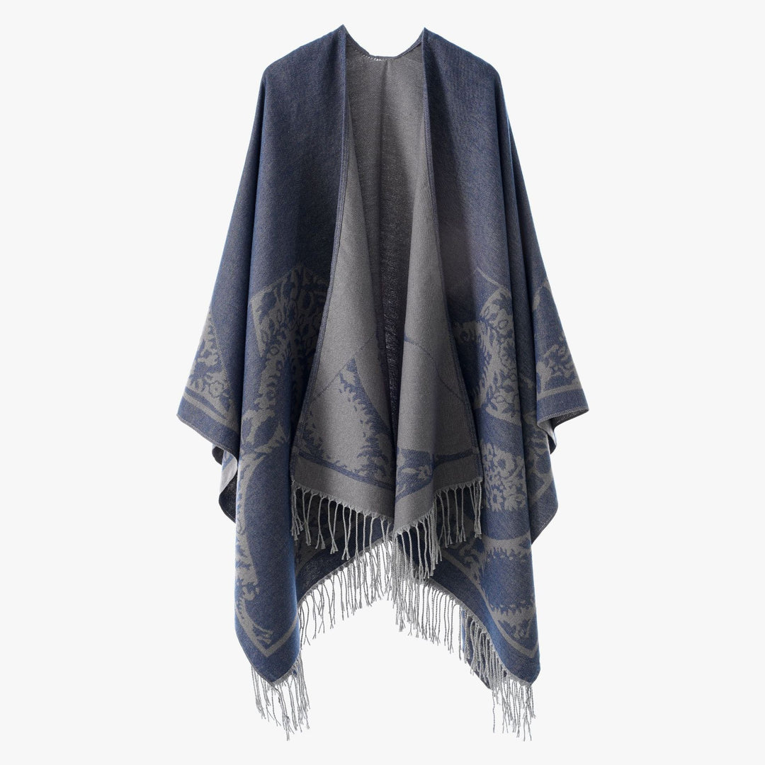 Damen Wendbarer Feinstrick-Poncho mit Jacquardmuster und Fransensaum Shop Nory