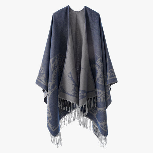 Damen Wendbarer Feinstrick-Poncho mit Jacquardmuster und Fransensaum Shop Nory