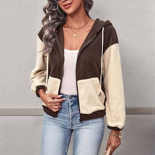 Damen Colorblock-Fleecejacke mit Kapuze, Reißverschluss und Kängurutaschen Shop Nory
