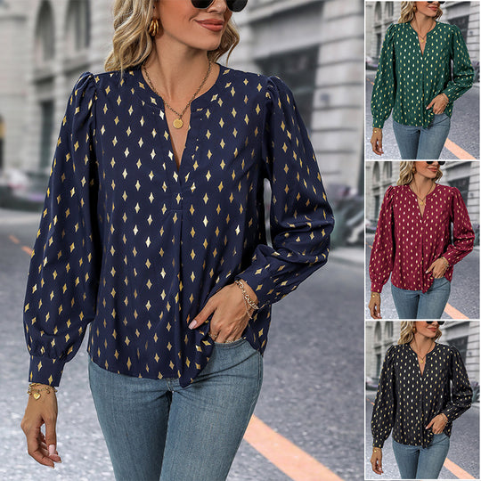 Damen Locker fallende Viskose‑Feinbluse mit Stehkragen, V‑Ausschnitt und Balloonärmeln Shop Nory