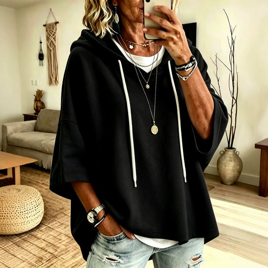 Damen Kurzarm-Oversize-Hoodie mit Kapuze und Kontrastkordel Shop Nory