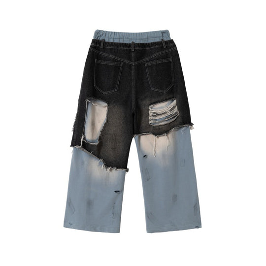 Unisex Patchwork-Jeans-Hybridhose im Oversized-Cut mit elastischem Bund, Destroy-Effekten und weitem Bein Shop Nory
