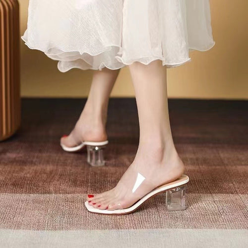 Damen Minimalistische Doppelriemen Mules mit transparentem Obermaterial und geometrischem Blockabsatz Shop Nory
